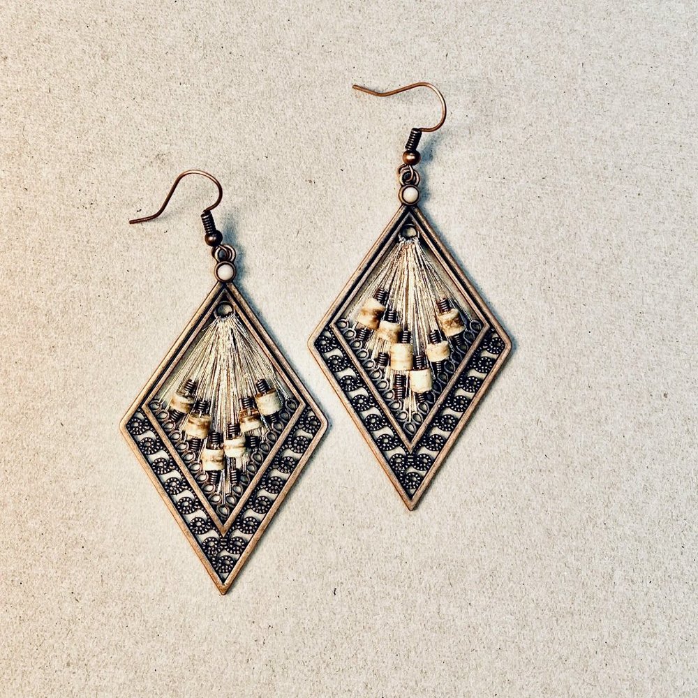 Antique Copper Diamond Shaped Earrings, Dangle earrings,Beaded silk thread